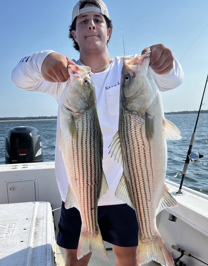 Angler holding a pair of striped bass